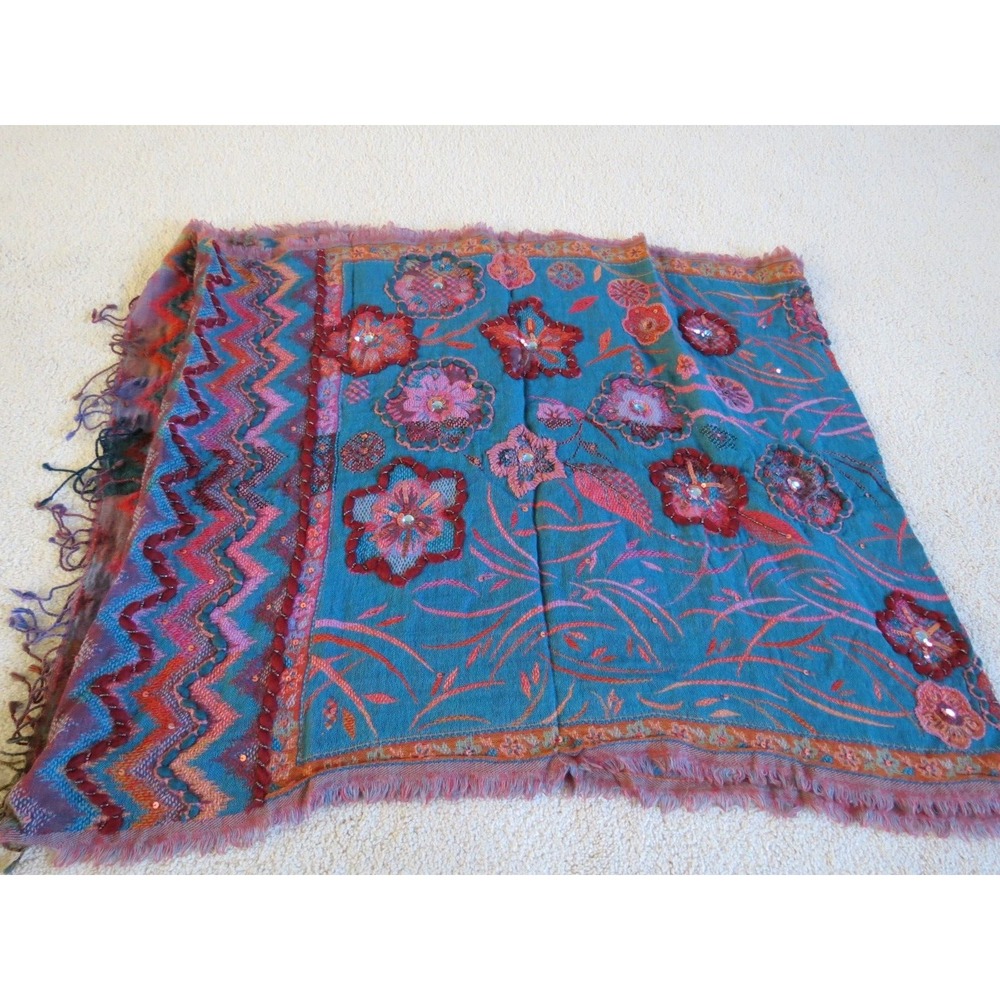 Ahujasons Floral Scarf Pashmina 100% Wool Embellished Flowers